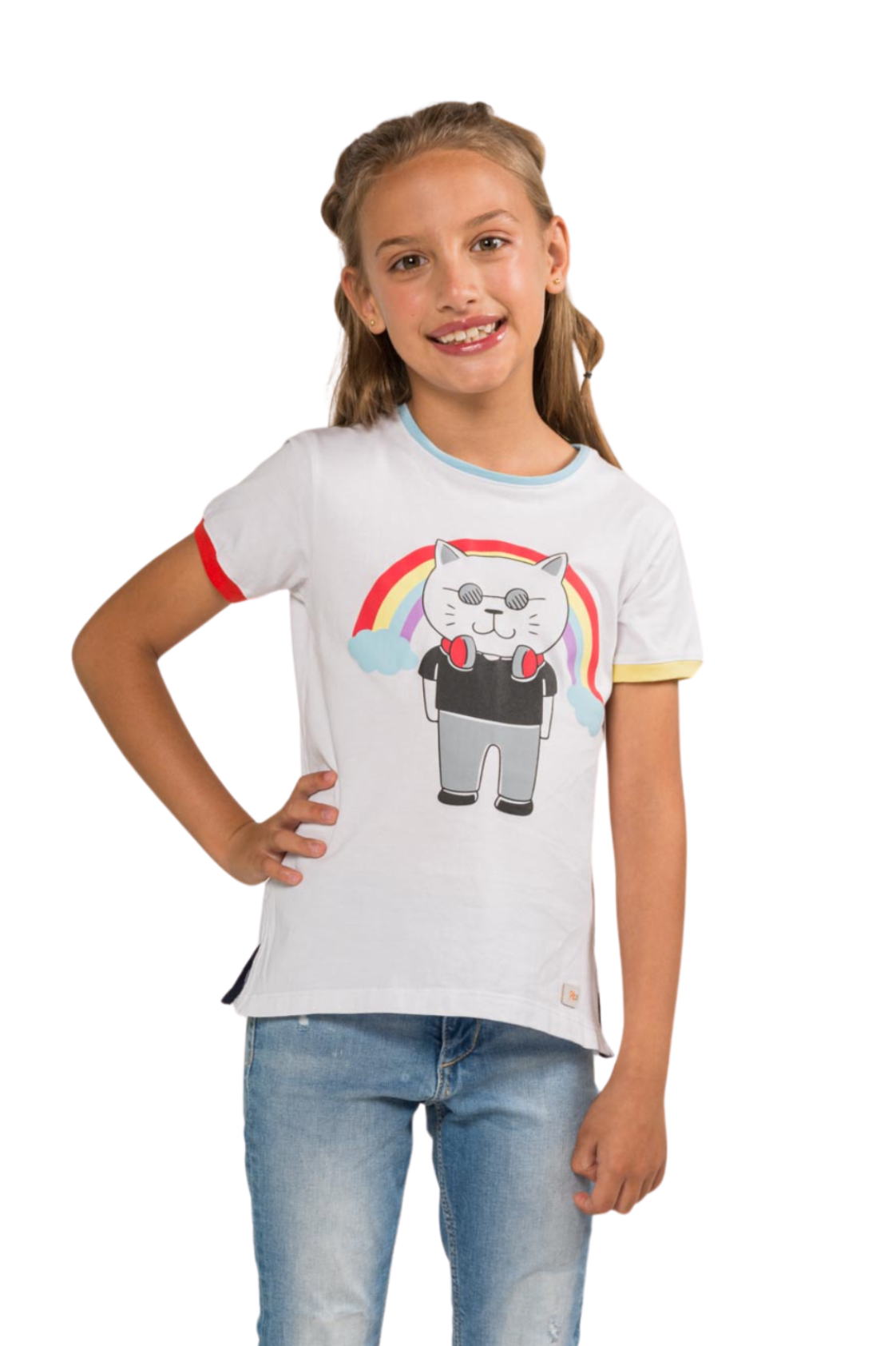 White T-Shirt, made in Peruvian Pima cotton with a Cat and rainbow print - Non-stereotypes design by Prisma Kiddos