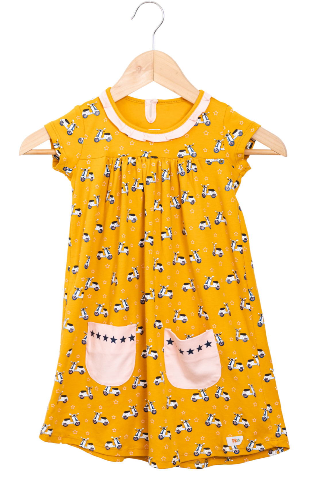 Vespa dress in yellow, eco-friendly materials, front pockets and non-stereotypes design.
