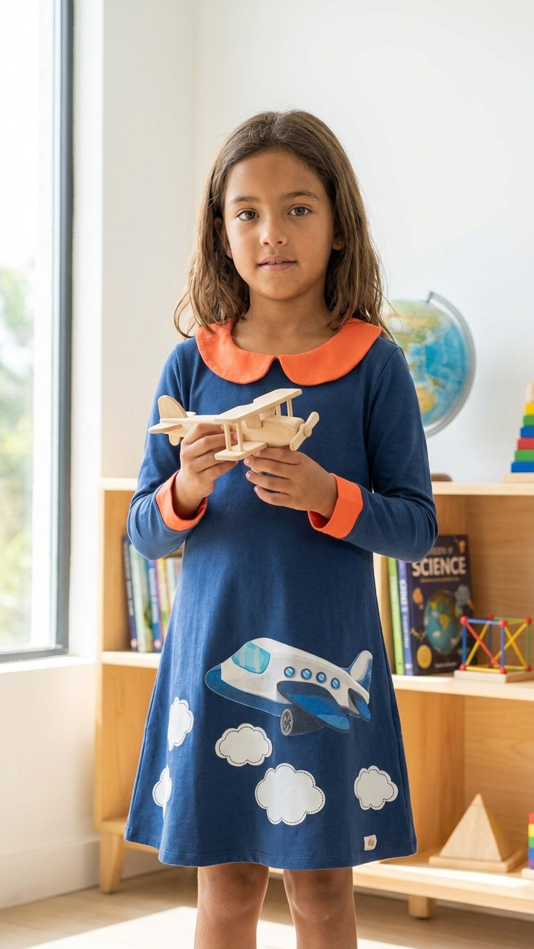 Girls airplane dress with deep pockets in 100% Peruvian Pima cotton