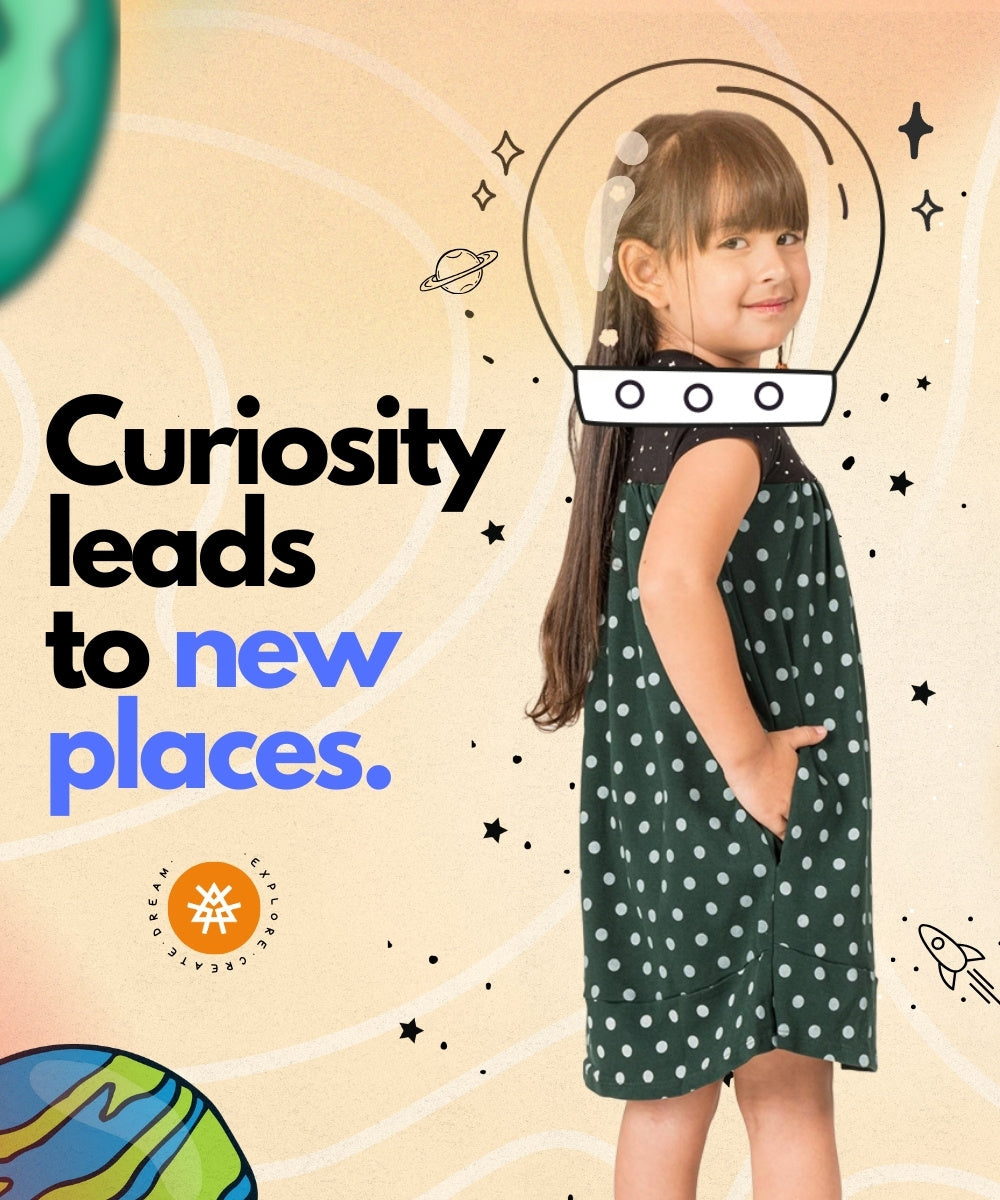 Little Girl wearing Prima Kiddos dress - Curiositu leads to new places.