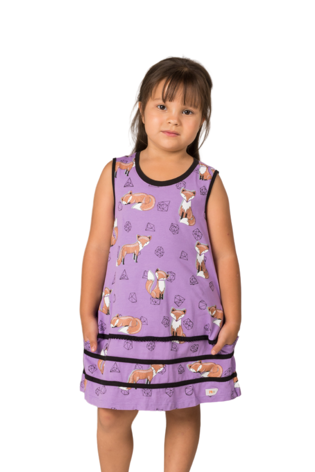 Sleeveless lilac purple tent dress for girls featuring a geometric fox and gemstone print, built-in side pockets, and a neat keyhole back button.