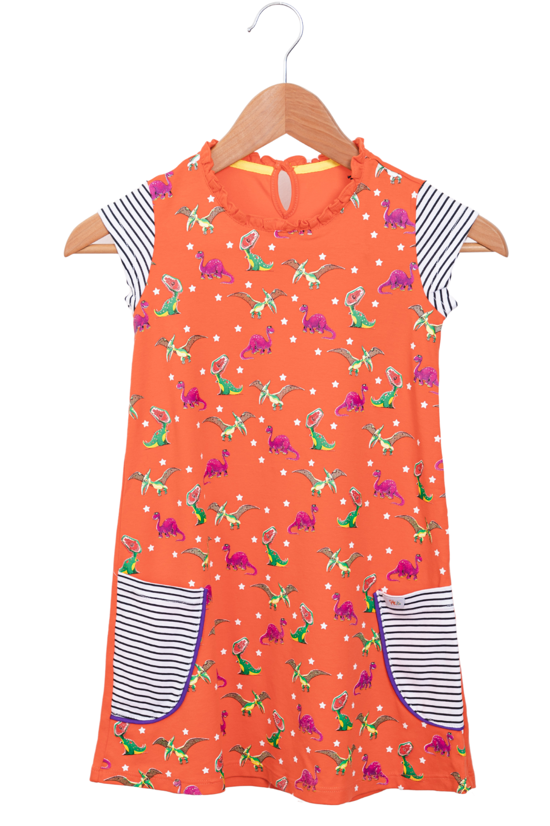 Little girl exploring outdoors in a coral pink short-sleeve dress featuring a fade-resistant T-Rex print and horizontal striped front pockets.