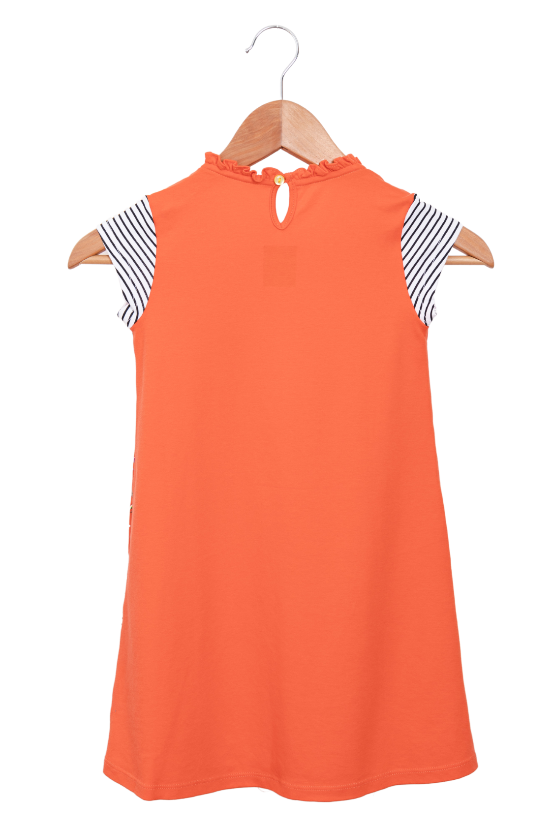 Coral pink short-sleeve dress featuring a fade-resistant T-Rex print and horizontal striped front pockets.