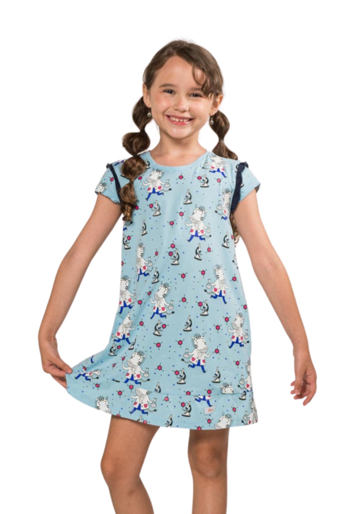 Little girl spinning in a celeste blue and pink A-line dress with a playful scientific zebra motif, short sleeves, and a back button closure.