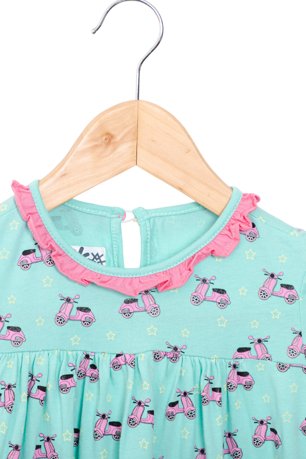 Vespa Green Dress with fine ruffled collar. Featuring playful scooter and star prints.