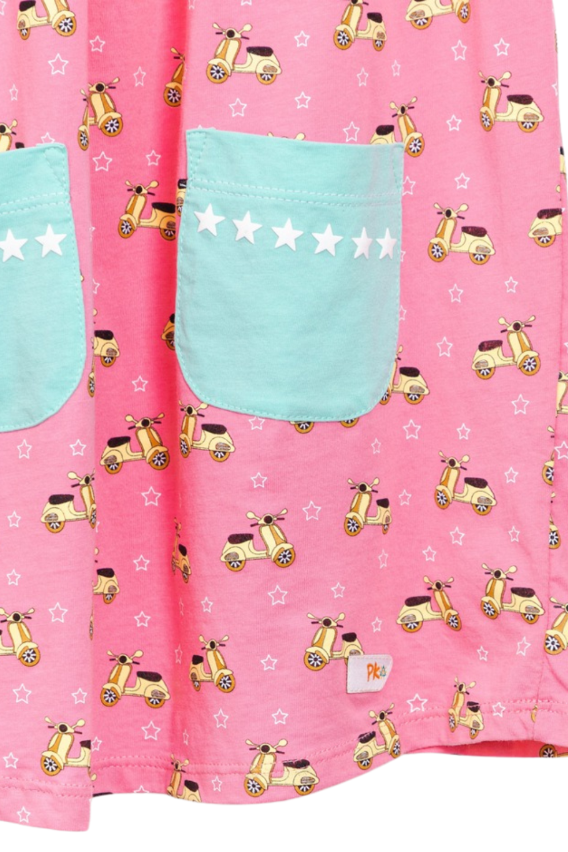 Vespa Pink Dress with charming details: short sleeves, and front pockets lined with stars.