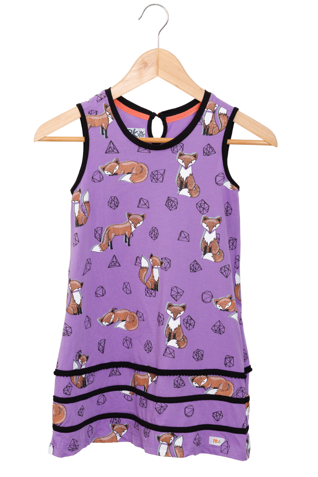 Sleeveless lilac purple tent dress for girls featuring a geometric fox and gemstone print, built-in side pockets, and a neat keyhole back button.