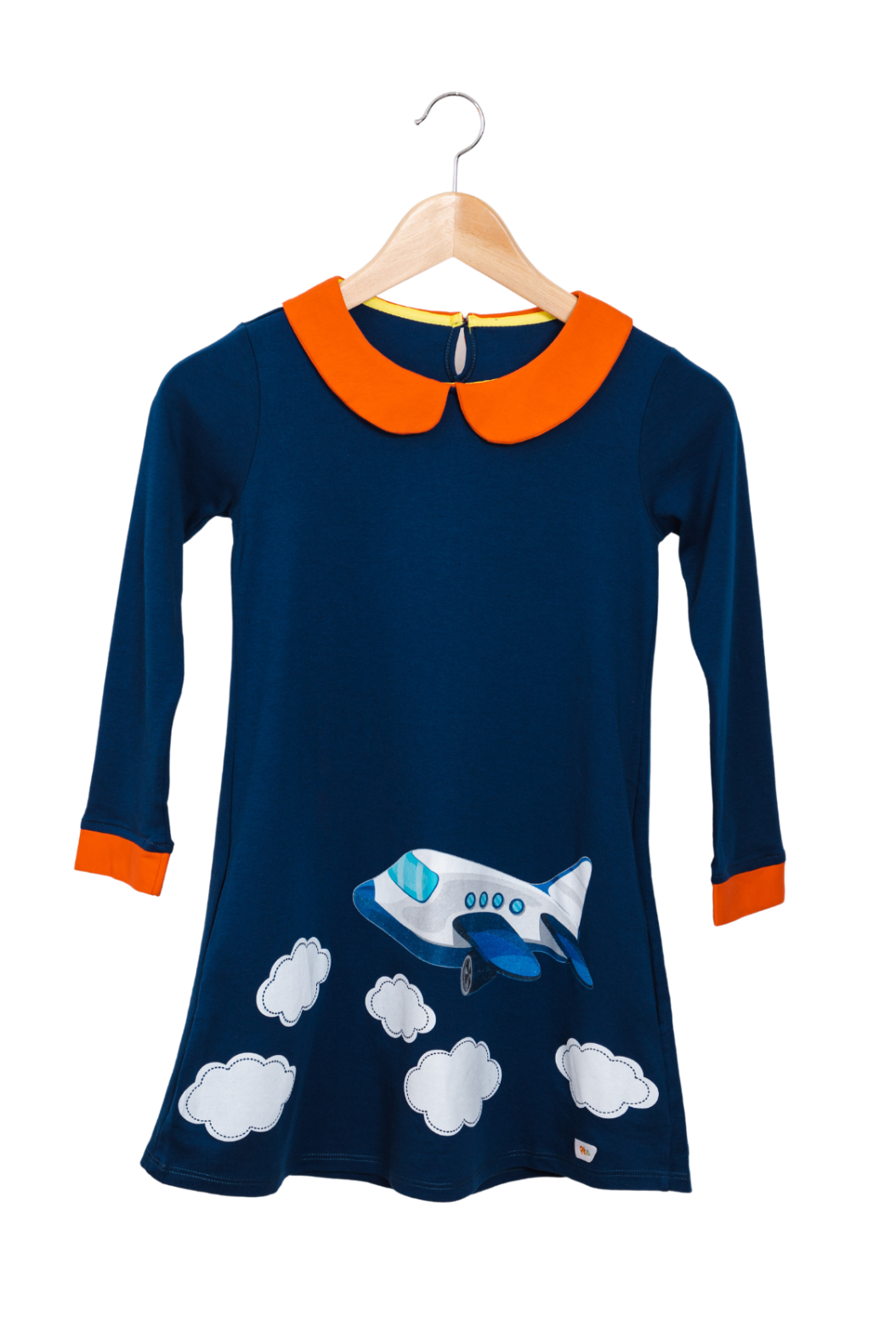 Long-sleeve A-line blue dress for girls featuring a white Peter Pan collar, bright contrast colorful sleeve cuffs, and fluffy cloud and airplane appliqués.