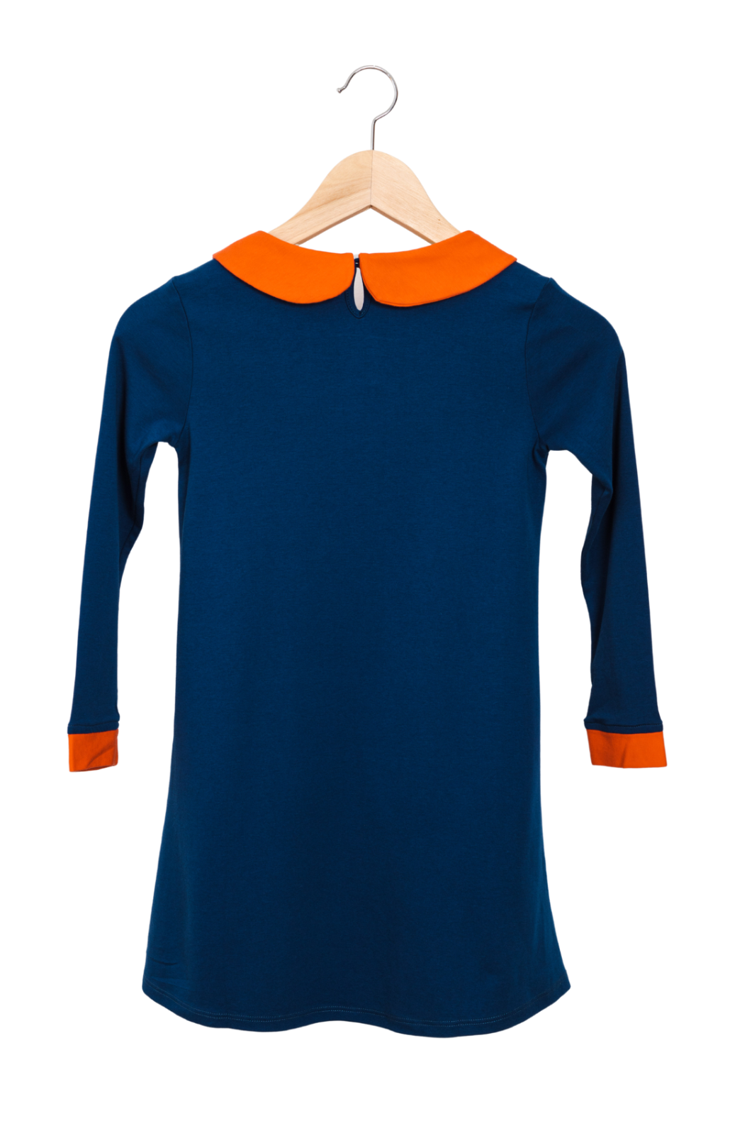 Long-sleeve A-line blue dress for girls featuring a white Peter Pan collar, bright contrast colorful sleeve cuffs, and fluffy cloud and airplane appliqués.
