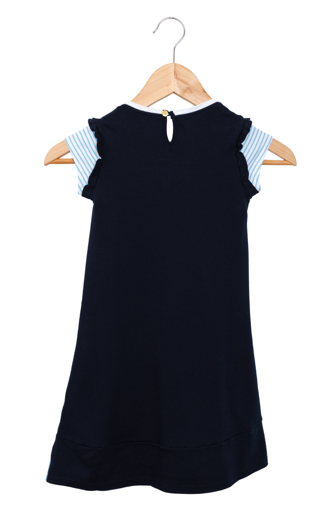White front, ocean-blue back girl dress with an illustrated sailboat print, featuring textured ruffle sleeves and side pockets.