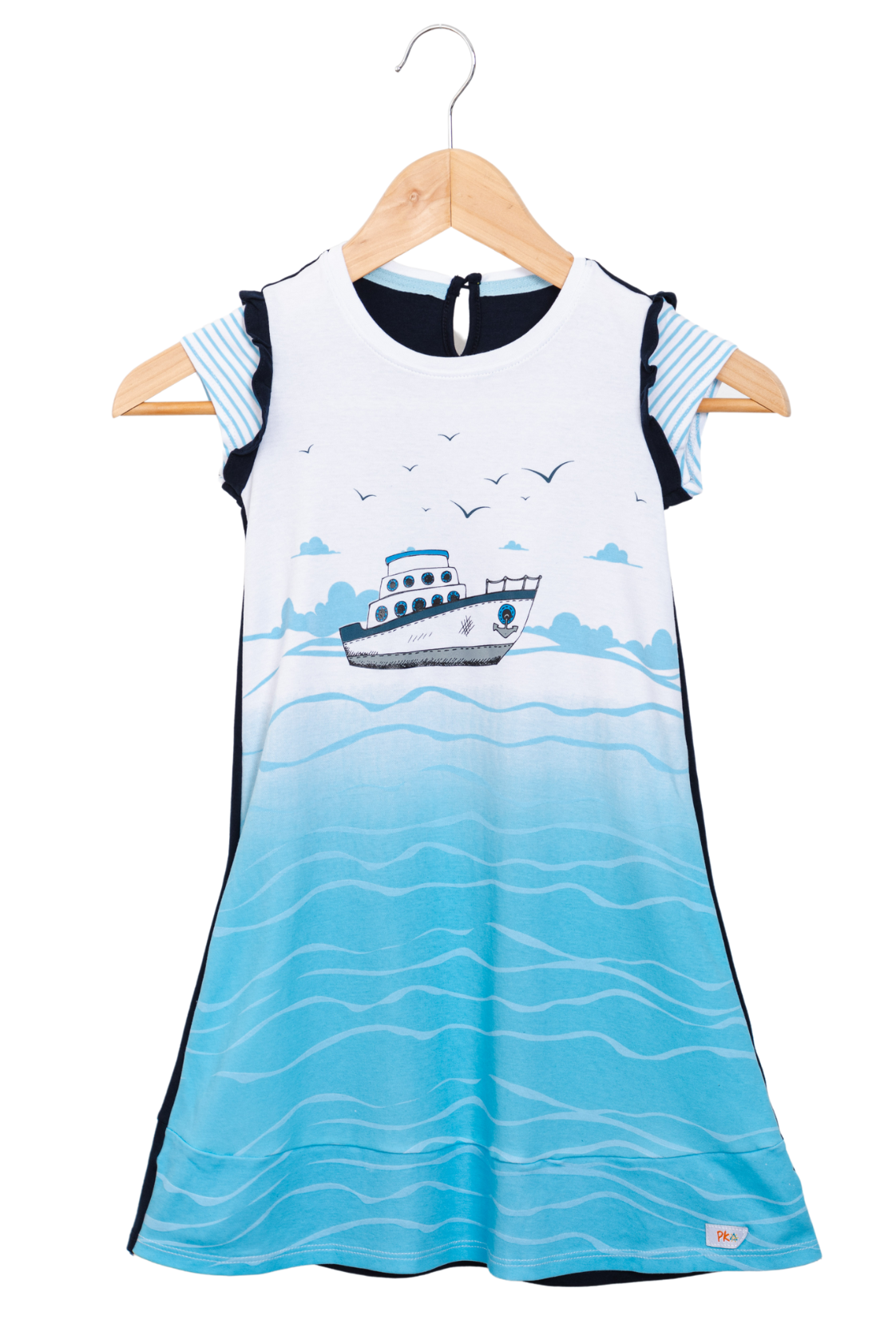 White front, ocean-blue back girl dress with an illustrated sailboat print, featuring textured ruffle sleeves and side pockets.