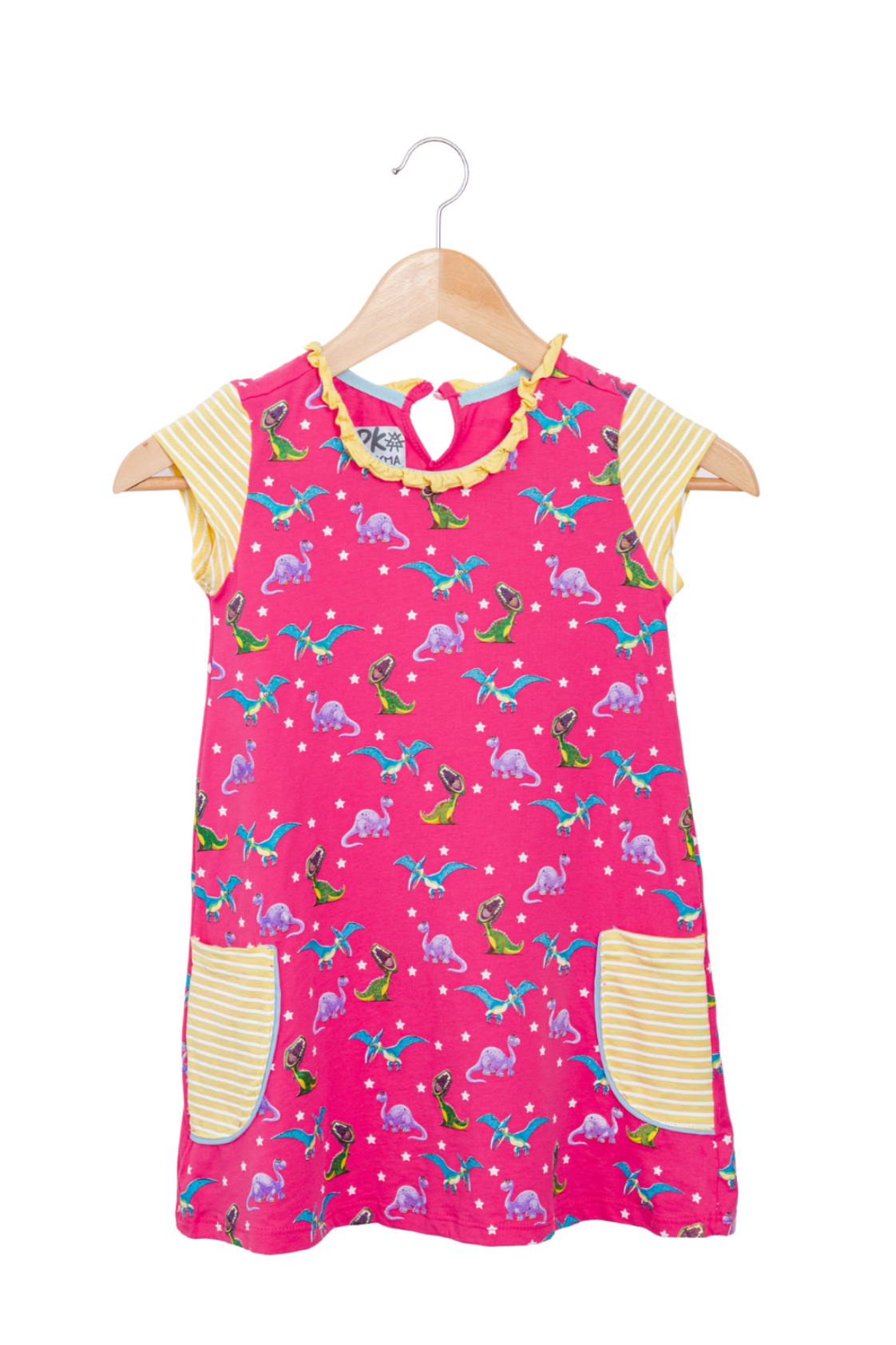 Pastel pink short-sleeve T-style dress featuring a colorful T-Rex and Pterodactyl print, a delicate ruffled collar, and handy striped front pockets.