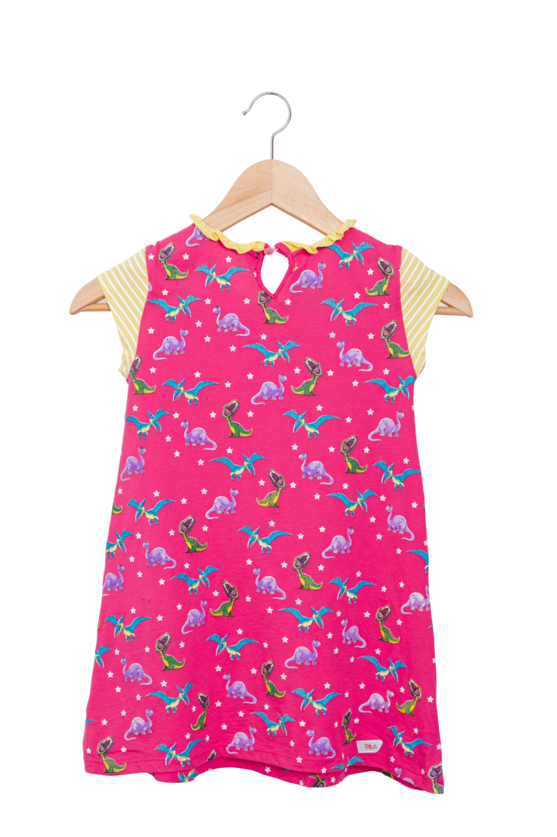 Pastel pink short-sleeve T-style dress featuring a colorful T-Rex and Pterodactyl print, a delicate ruffled collar, and handy striped front pockets.