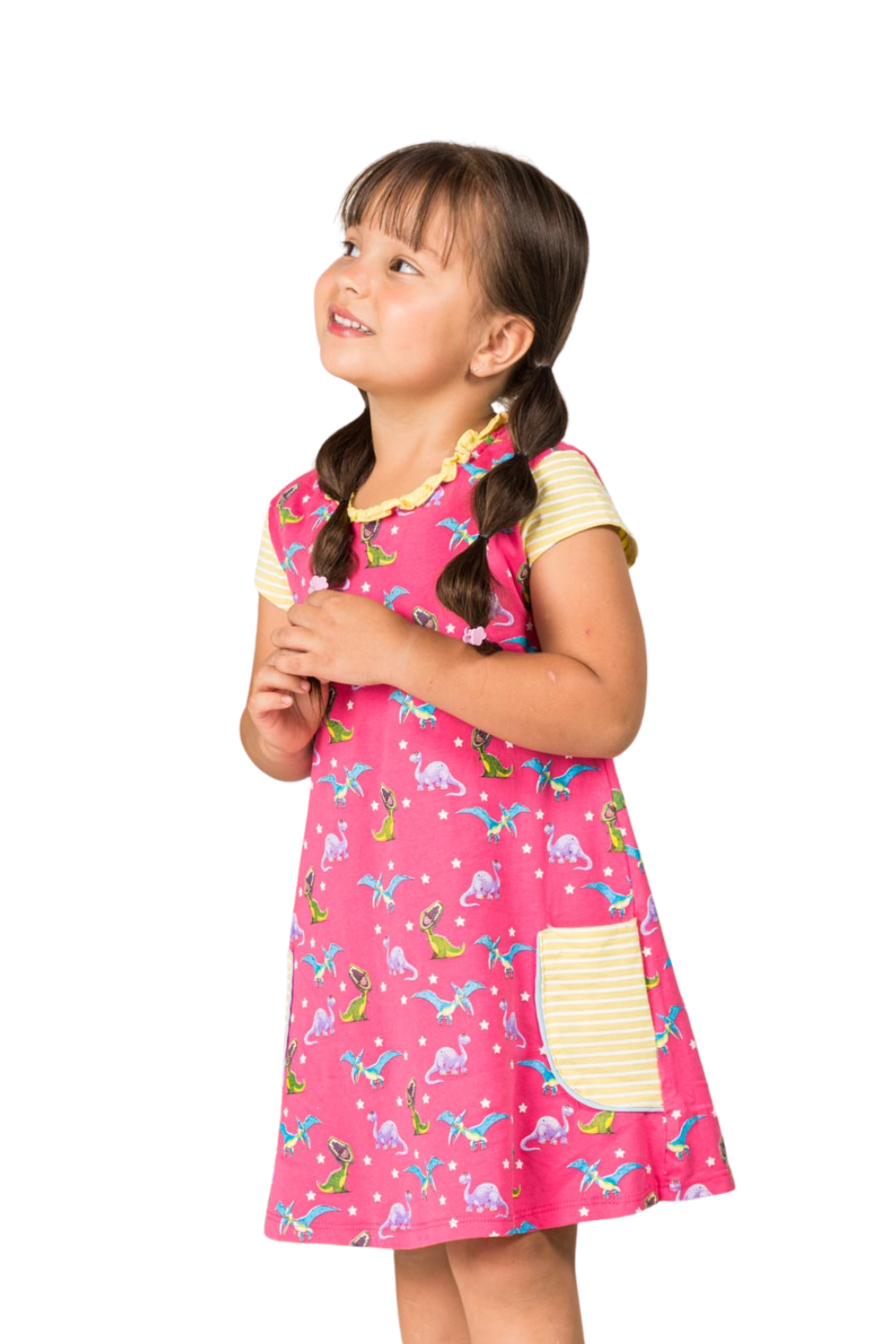Pastel pink short-sleeve T-style dress featuring a colorful T-Rex and Pterodactyl print, a delicate ruffled collar, and handy striped front pockets.