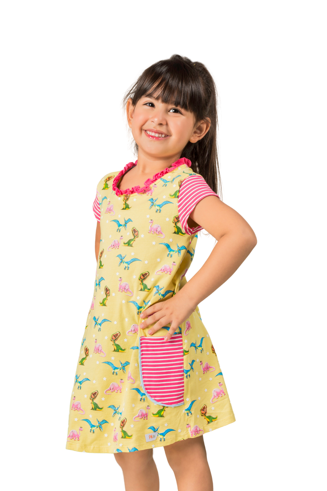 Bright yellow short-sleeve dress for girls featuring a vibrant colorful dinosaur print, a fine ruffled neckline, and horizontal striped front pockets.