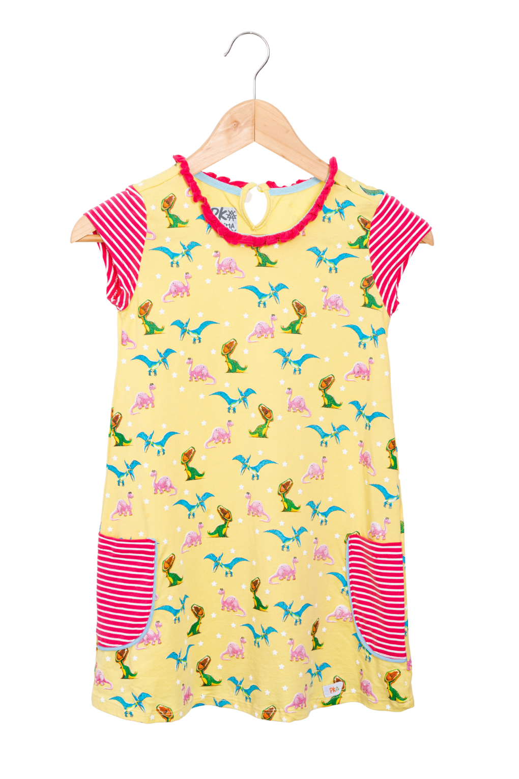 Bright yellow short-sleeve dress for girls featuring a vibrant colorful dinosaur print, a fine ruffled neckline, and horizontal striped front pockets.