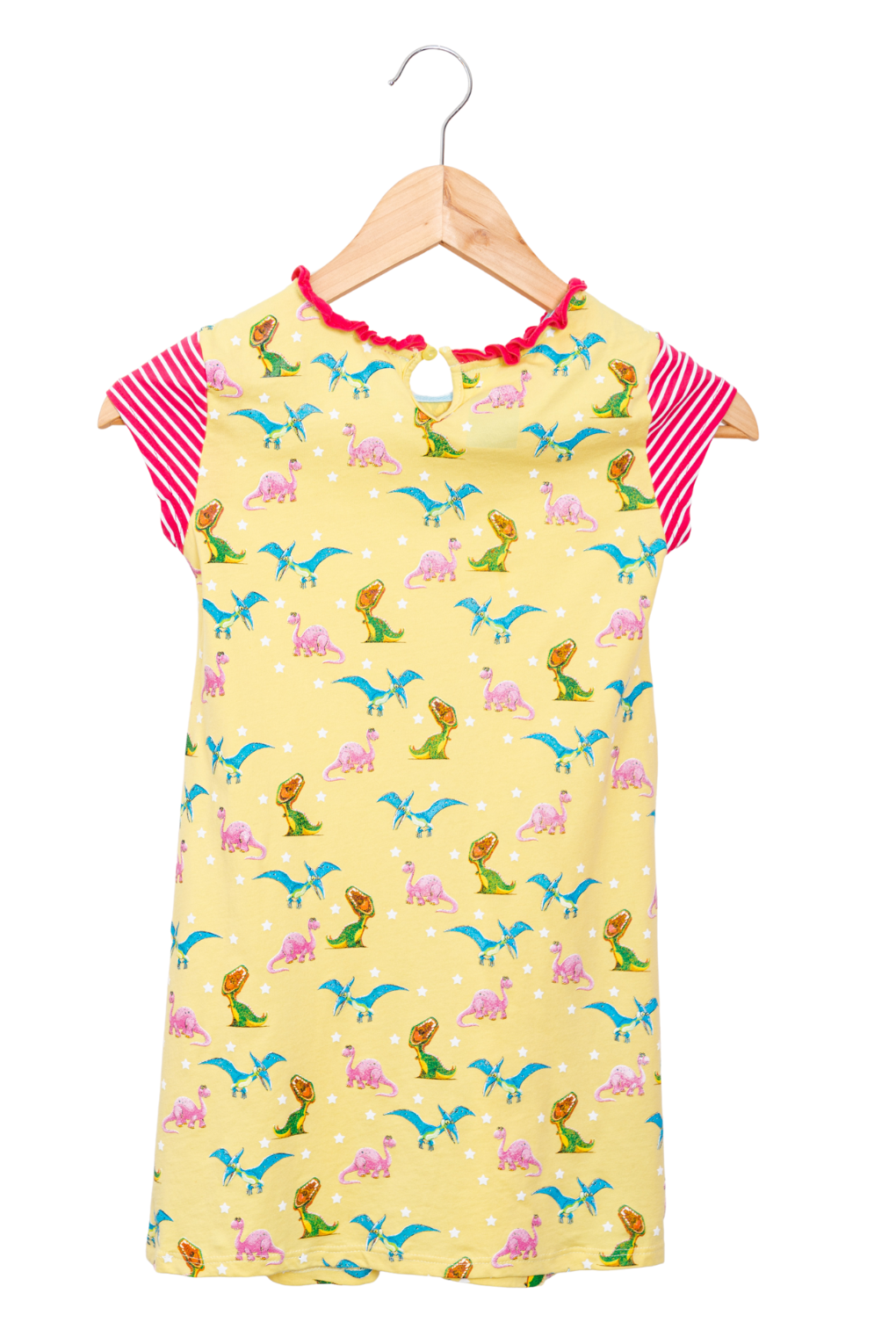 Bright yellow short-sleeve dress for girls featuring a vibrant colorful dinosaur print, a fine ruffled neckline, and horizontal striped front pockets.