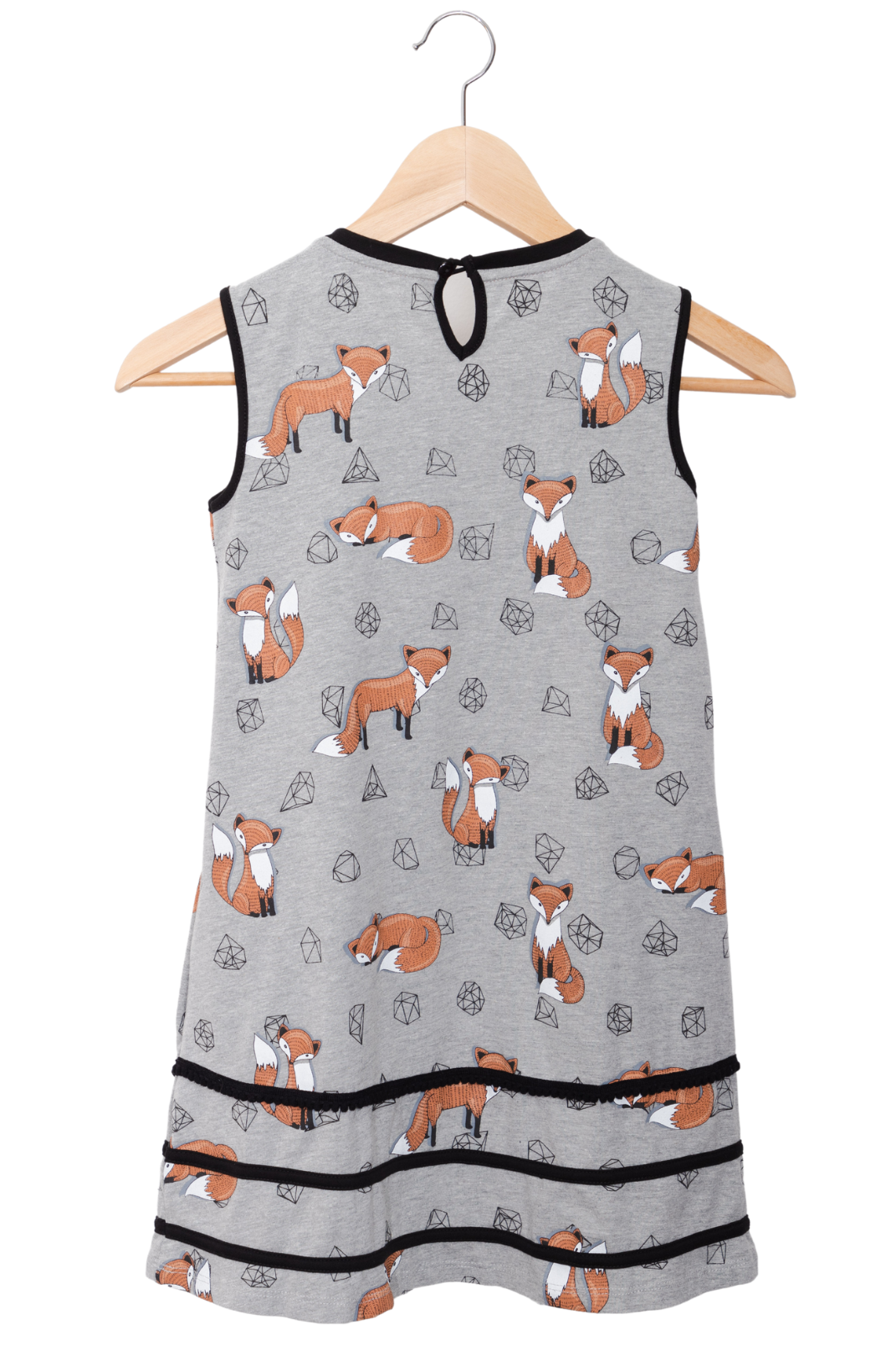 Grey sleeveless girl's dress featuring an orange fox and gemstone print pattern, styled with a keyhole back neck button.