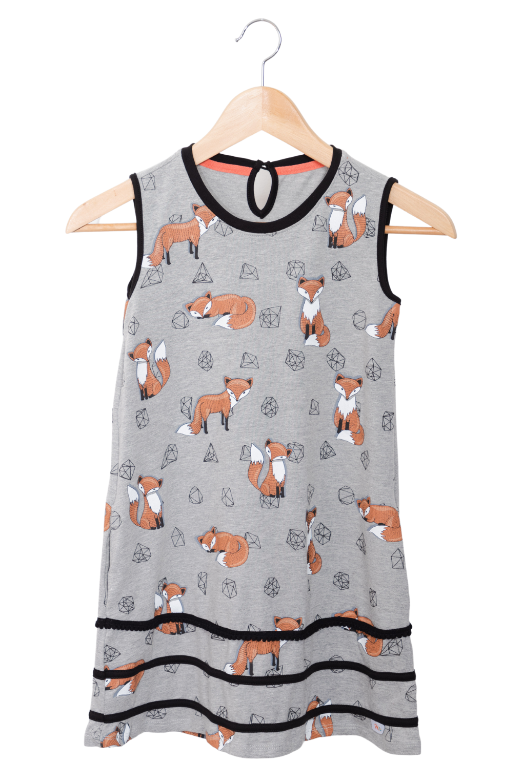 Front view of a grey sleeveless girl's dress featuring an orange fox and gemstone print pattern, styled with a keyhole back neck button.