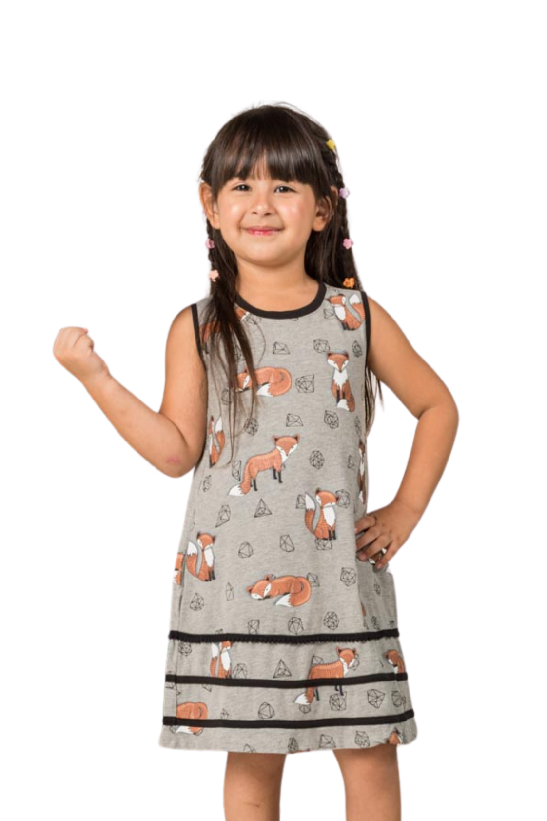 Front view of a grey sleeveless girl's dress featuring an orange fox and gemstone print pattern, styled with a keyhole back neck button.