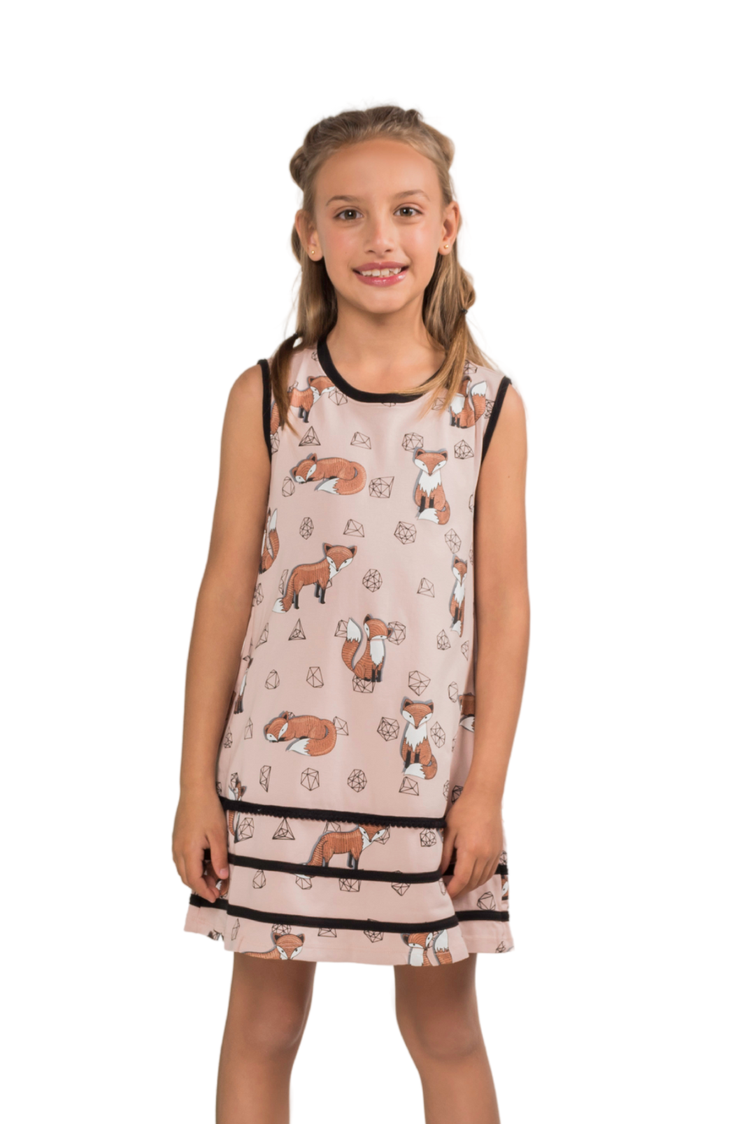 Bright pink sleeveless tent-style dress for girls adorned with a playful geometric fox and gemstone print, showing side seam pockets.