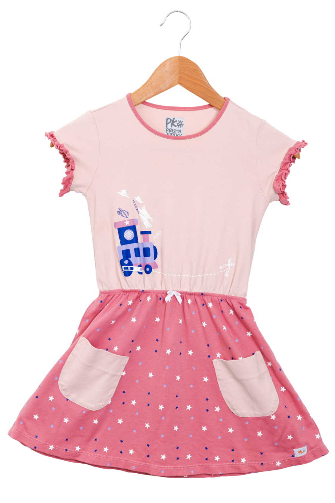 Little girl in a pink short-sleeve dress featuring a geometric train appliqué on the bodice, a star-print skirt, lace waist trim, and side pockets.