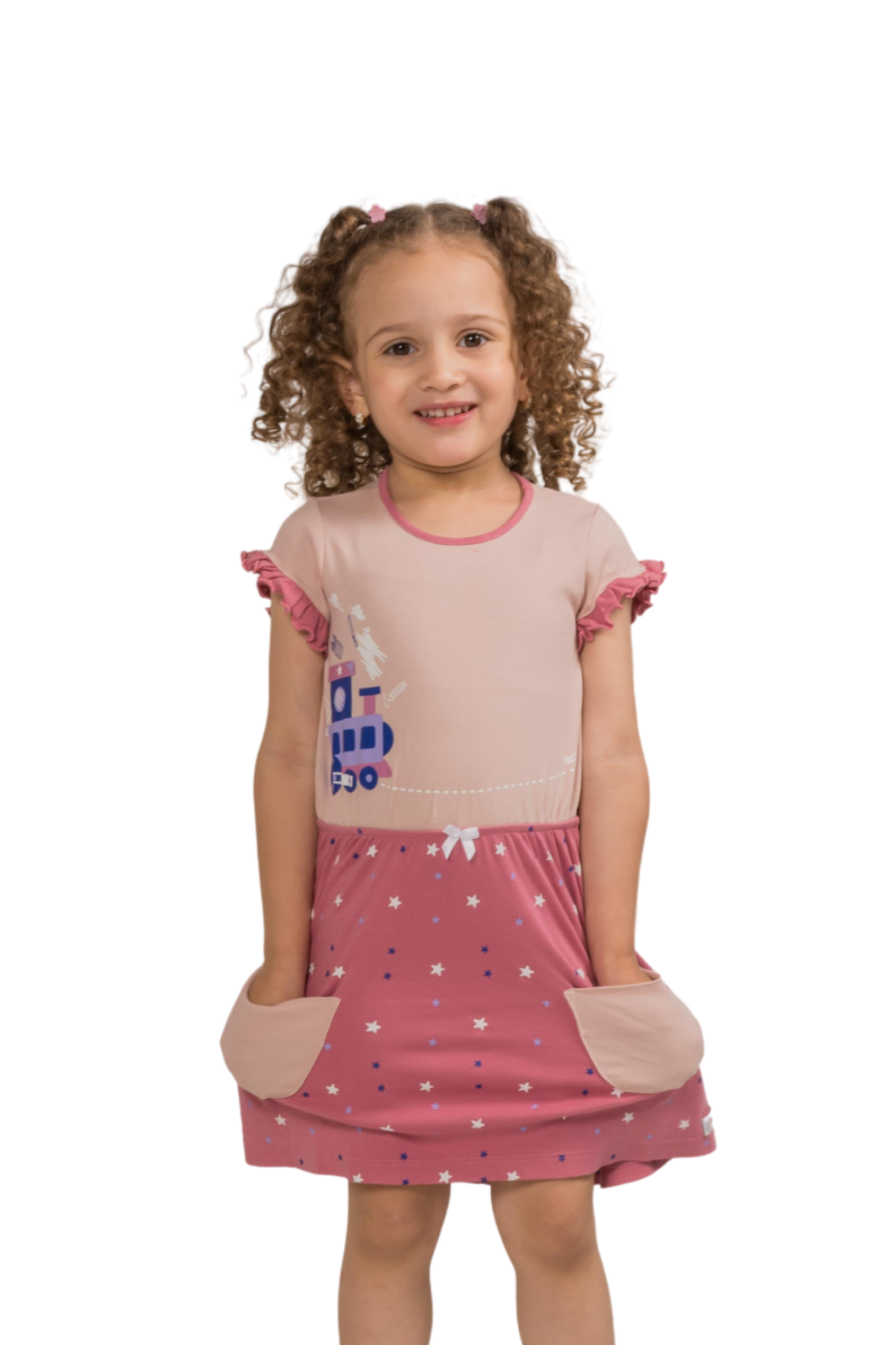 Little girl in a pink short-sleeve dress featuring a geometric train appliqué on the bodice, a star-print skirt, lace waist trim, and side pockets.