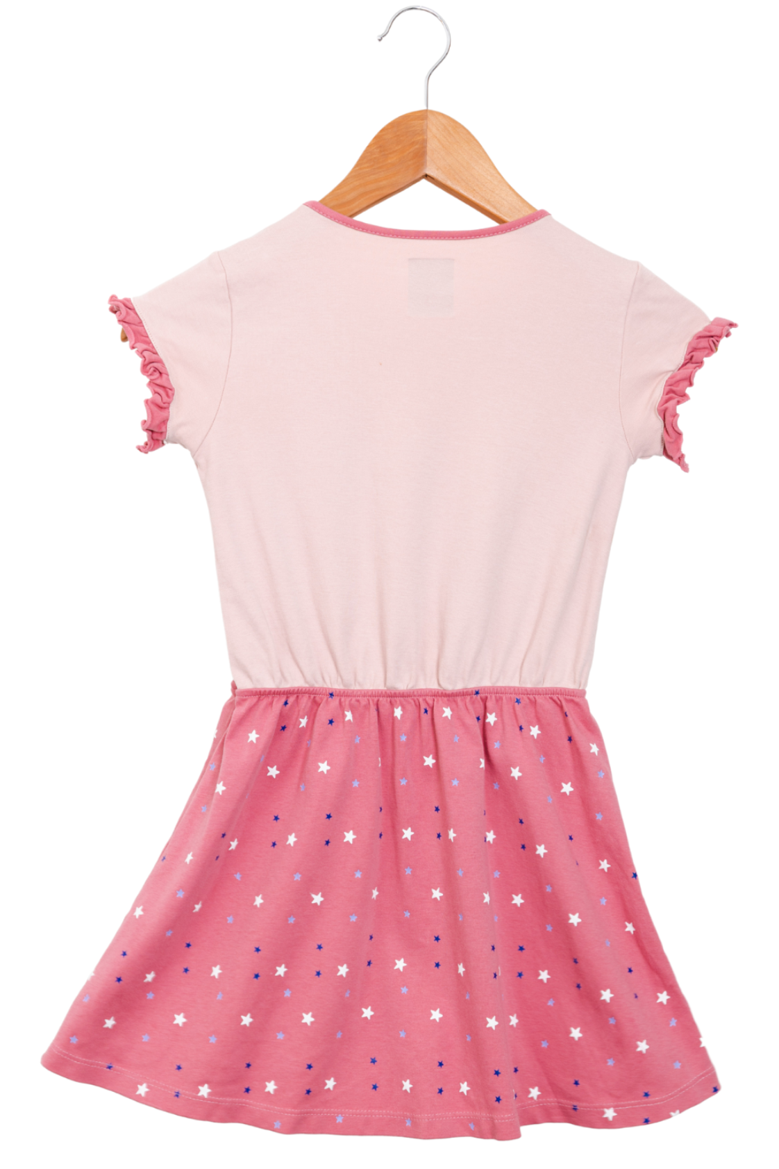 pink short-sleeve dress featuring a geometric train appliqué on the bodice, a star-print skirt, lace waist trim, and side pockets.
