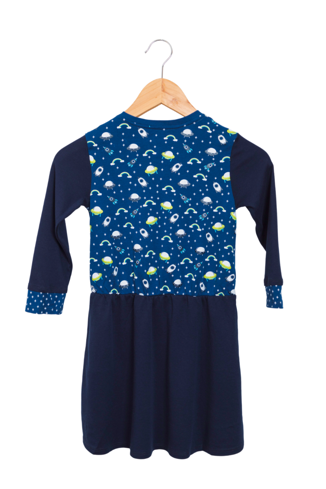 Deep blue girl's dress with 3/4 length sleeves featuring a whimsical design of vibrant rainbows, flying saucers, and rockets with side pockets.