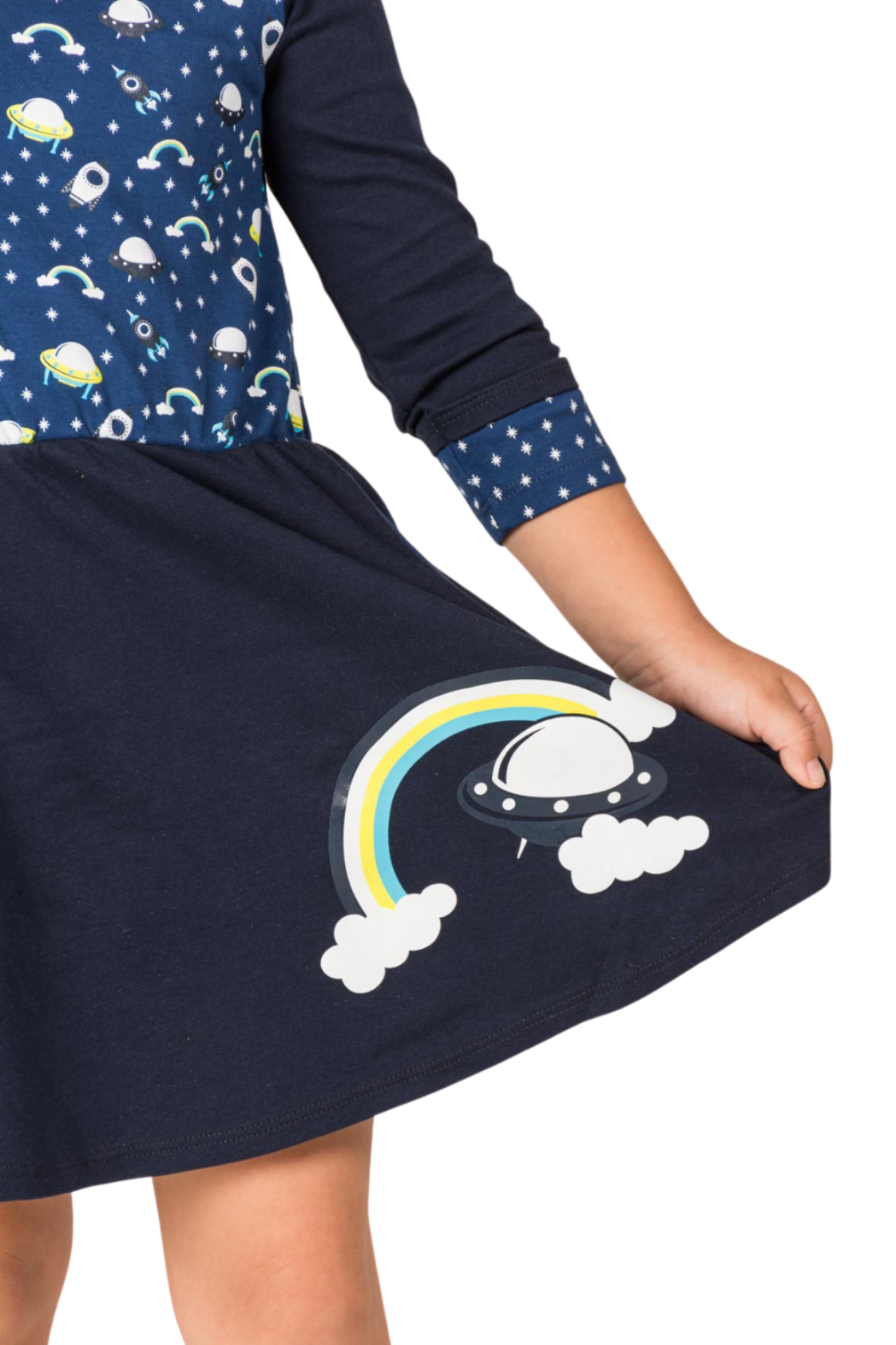 Deep blue girl's dress with 3/4 length sleeves featuring a whimsical design of vibrant rainbows, flying saucers, and rockets with side pockets.