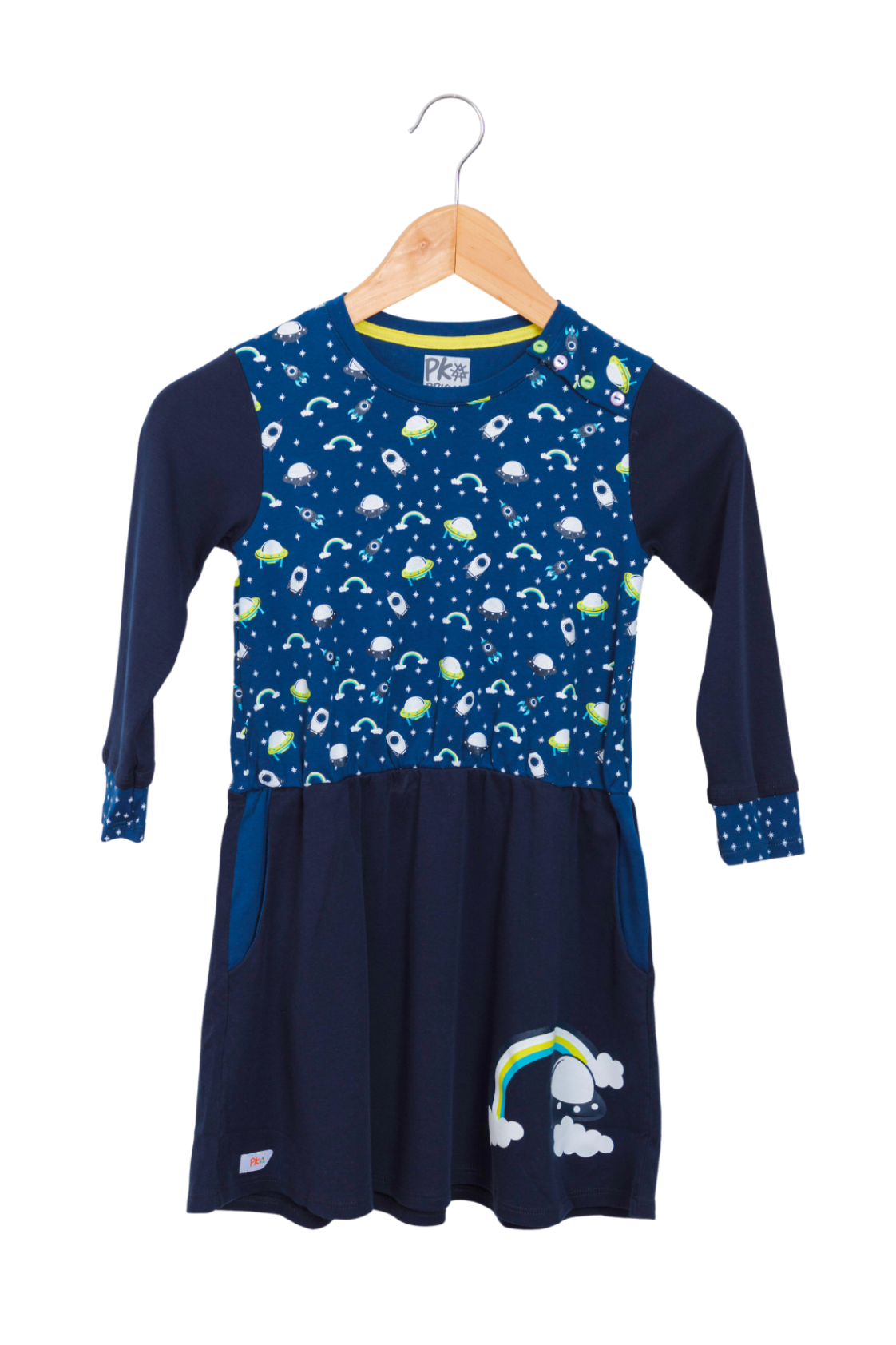 Deep blue girl's dress with 3/4 length sleeves featuring a whimsical design of vibrant rainbows, flying saucers, and rockets with side pockets.