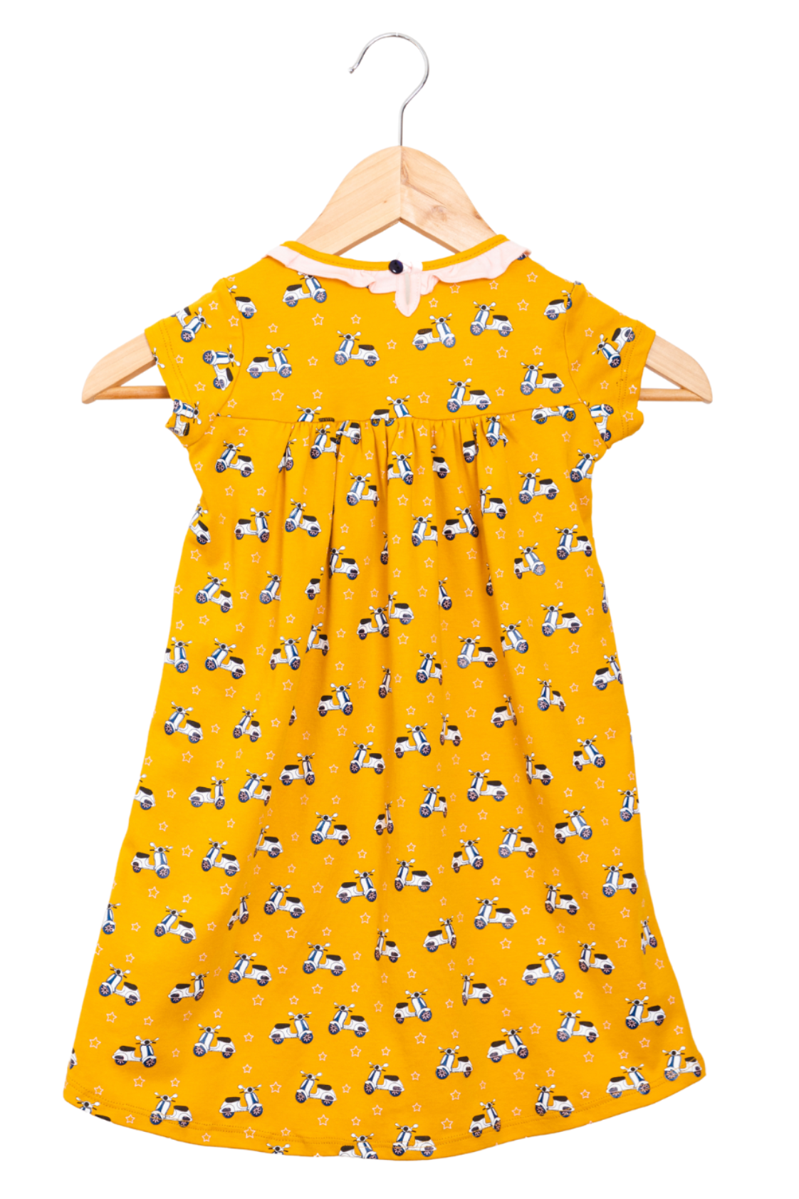 Cheerful yellow empire-silhouette dress for kids featuring a retro scooter print pattern, short sleeves, a ruffled collar, and star-lined pockets.