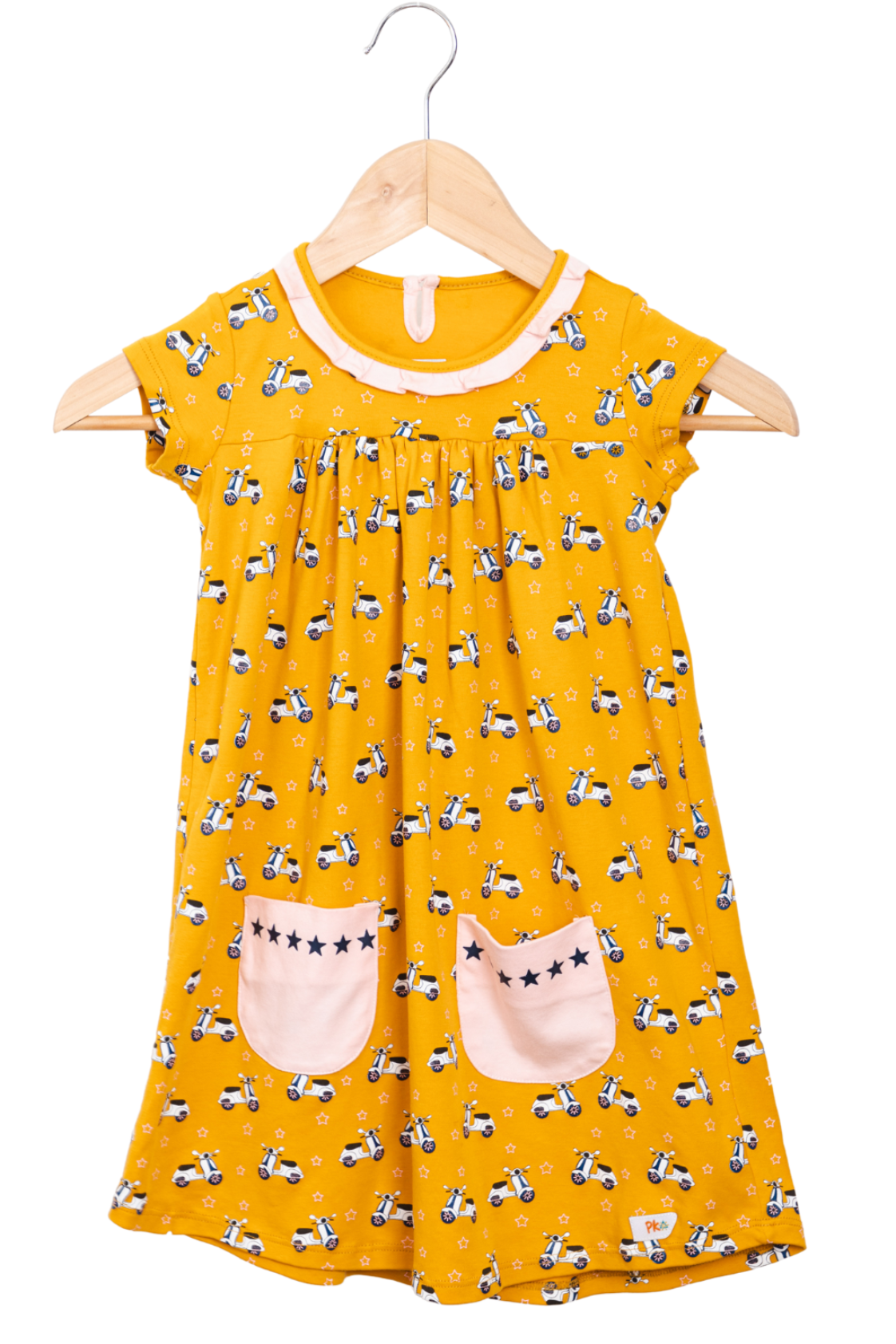 Cheerful yellow empire-silhouette dress for kids featuring a retro scooter print pattern, short sleeves, a ruffled collar, and star-lined pockets.
