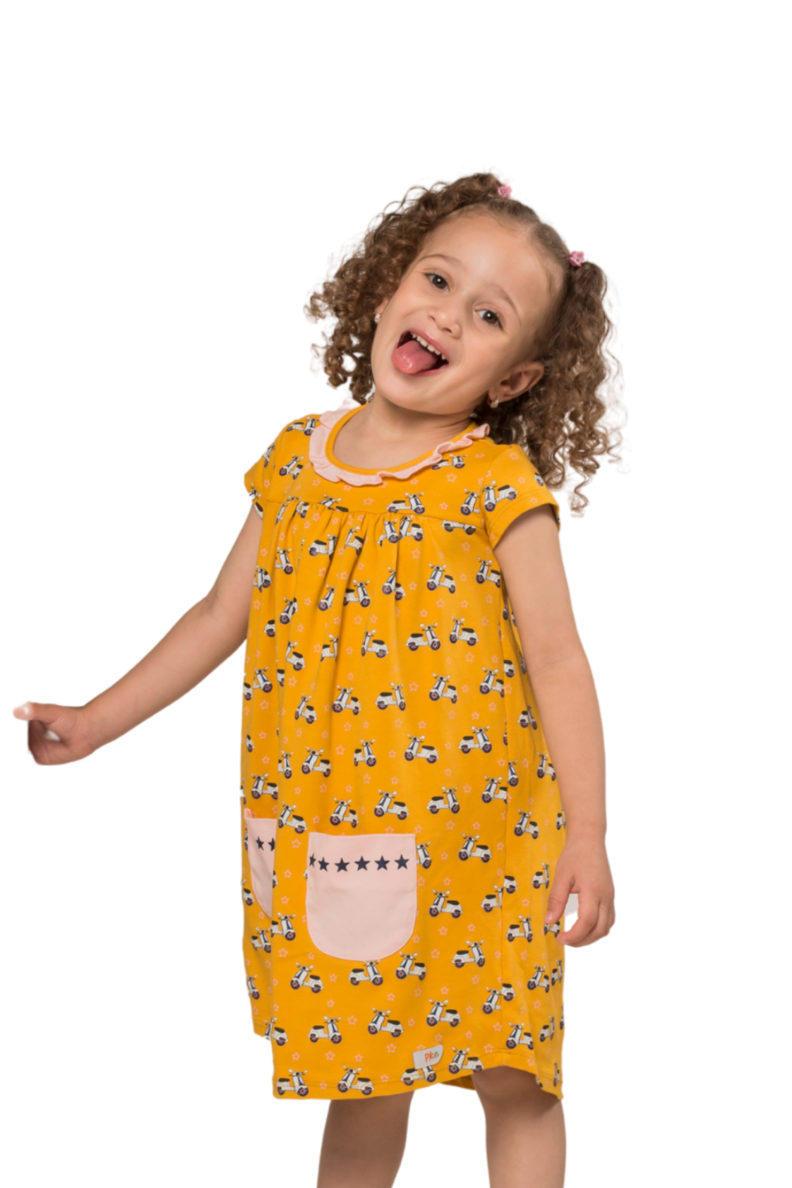 Cheerful yellow empire-silhouette dress for kids featuring a retro scooter print pattern, short sleeves, a ruffled collar, and star-lined pockets.