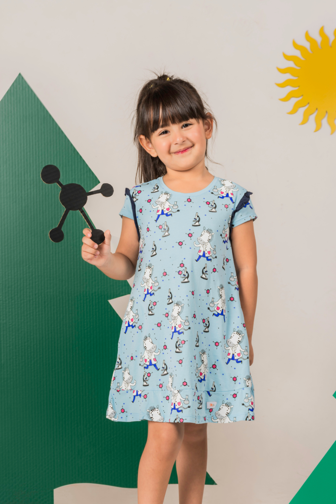 Scientific zebra dress for girls with pockets, in celeste and pink. STEM inspired, sustainable materials