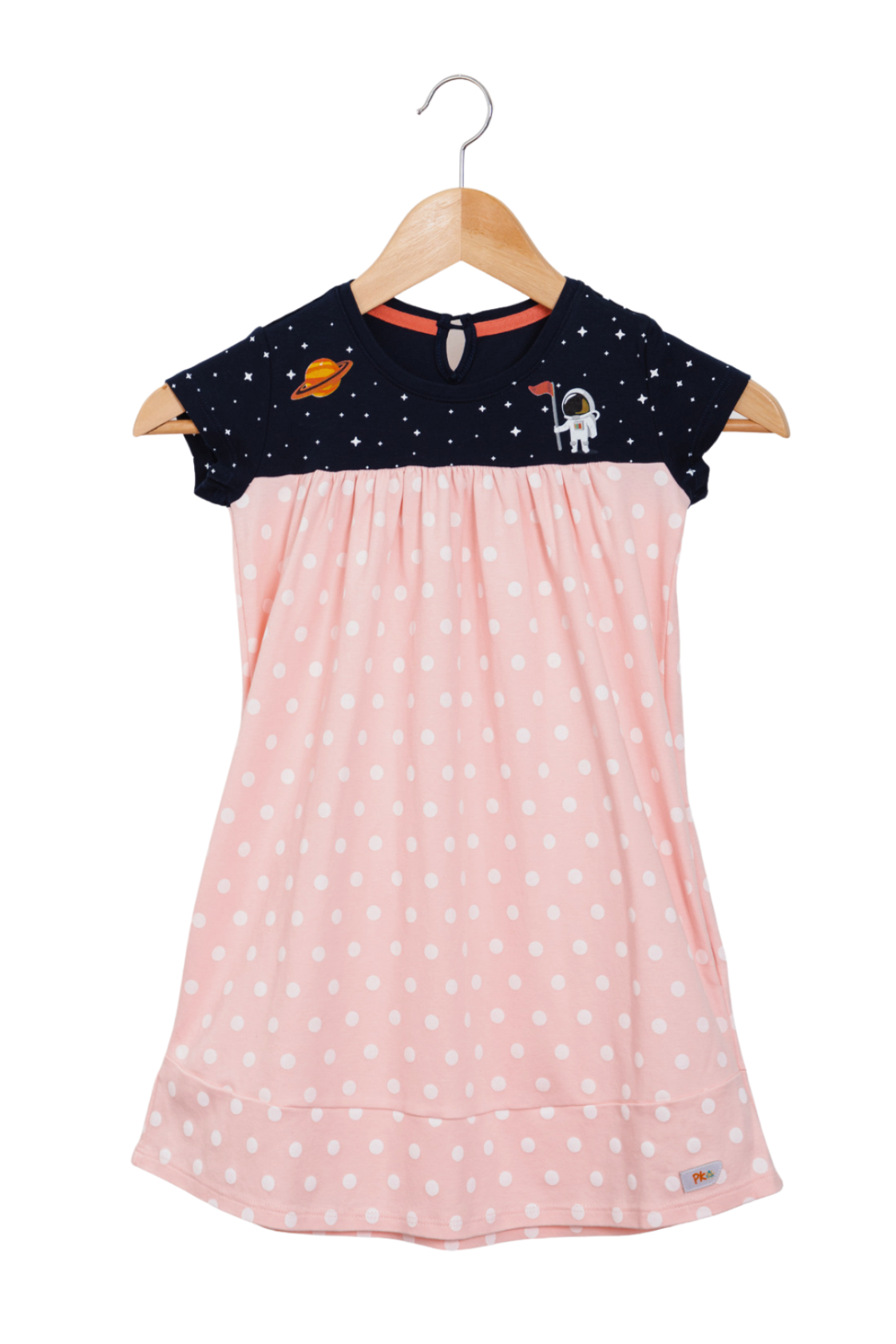 Astro Pink Dress includes inside pockets on the dotted skirt