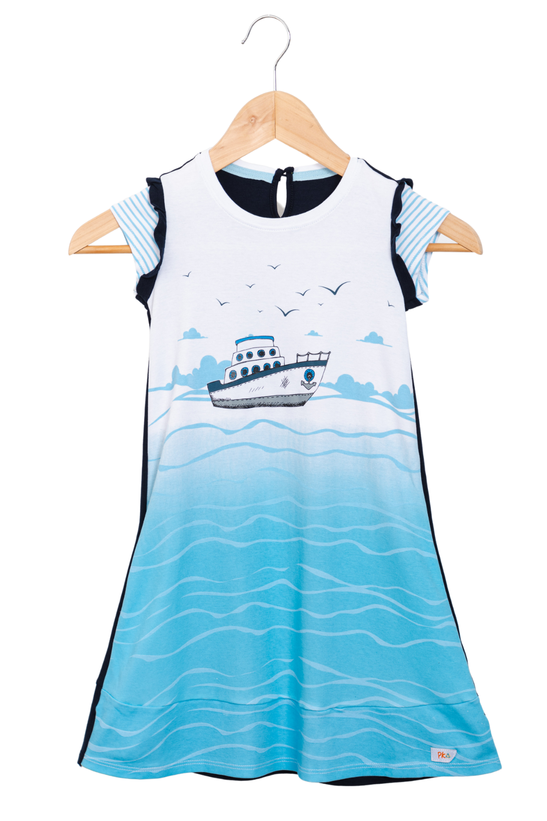 Girl dress with pockets, Boat in the ocean. 100% peruvian pima cottom