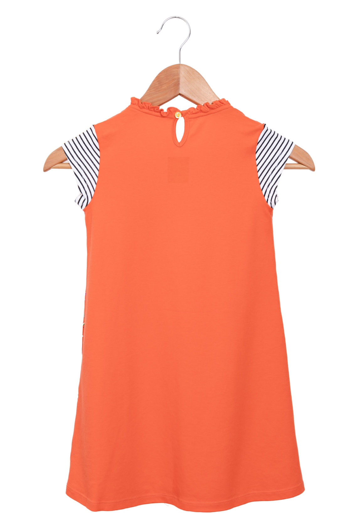 Dino Coral Dress includes keyhole button at the back neck. By Prisma Kiddos 