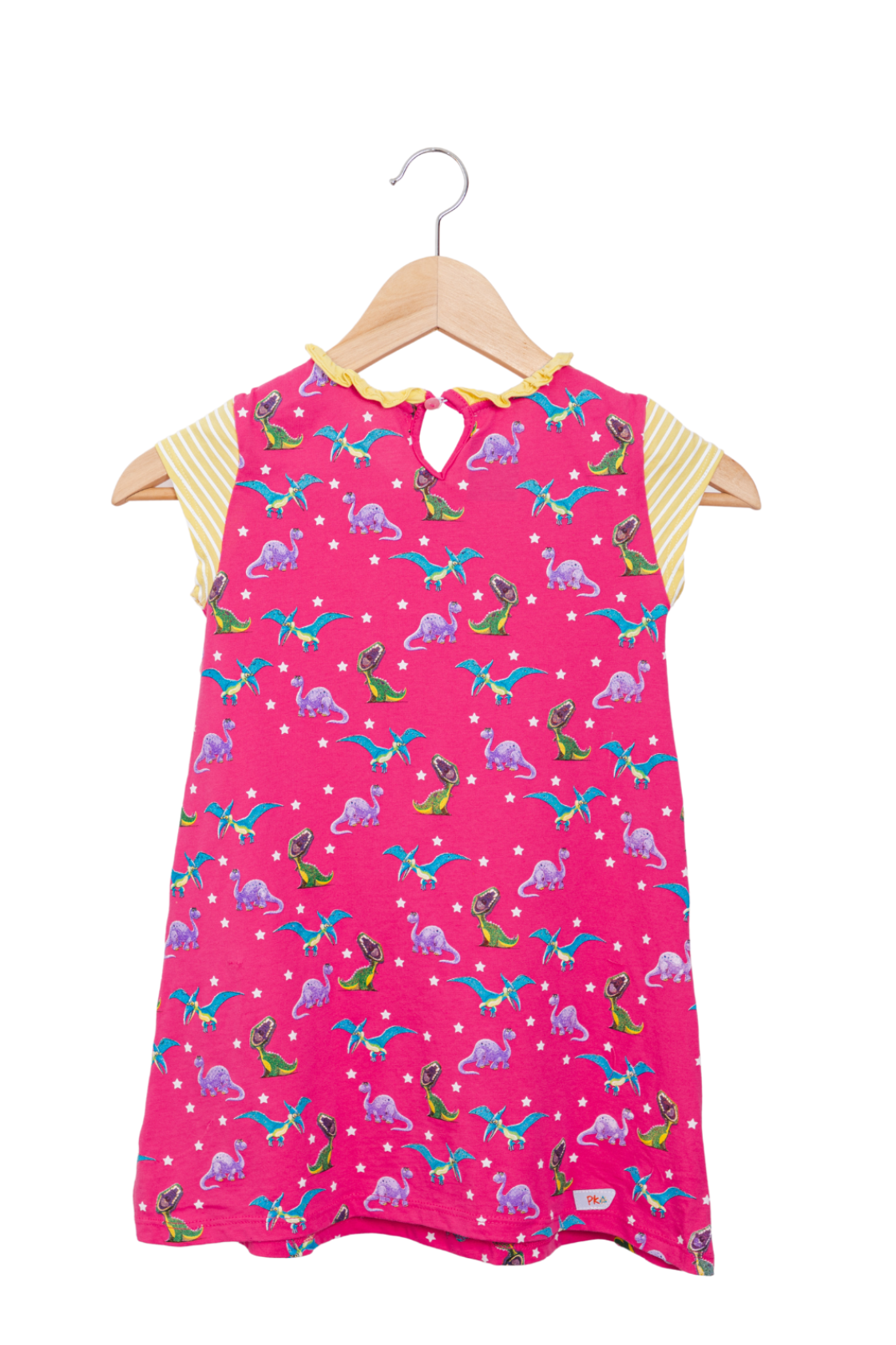 Dinosaur Pink Dress: a keyhole button at the back neck.