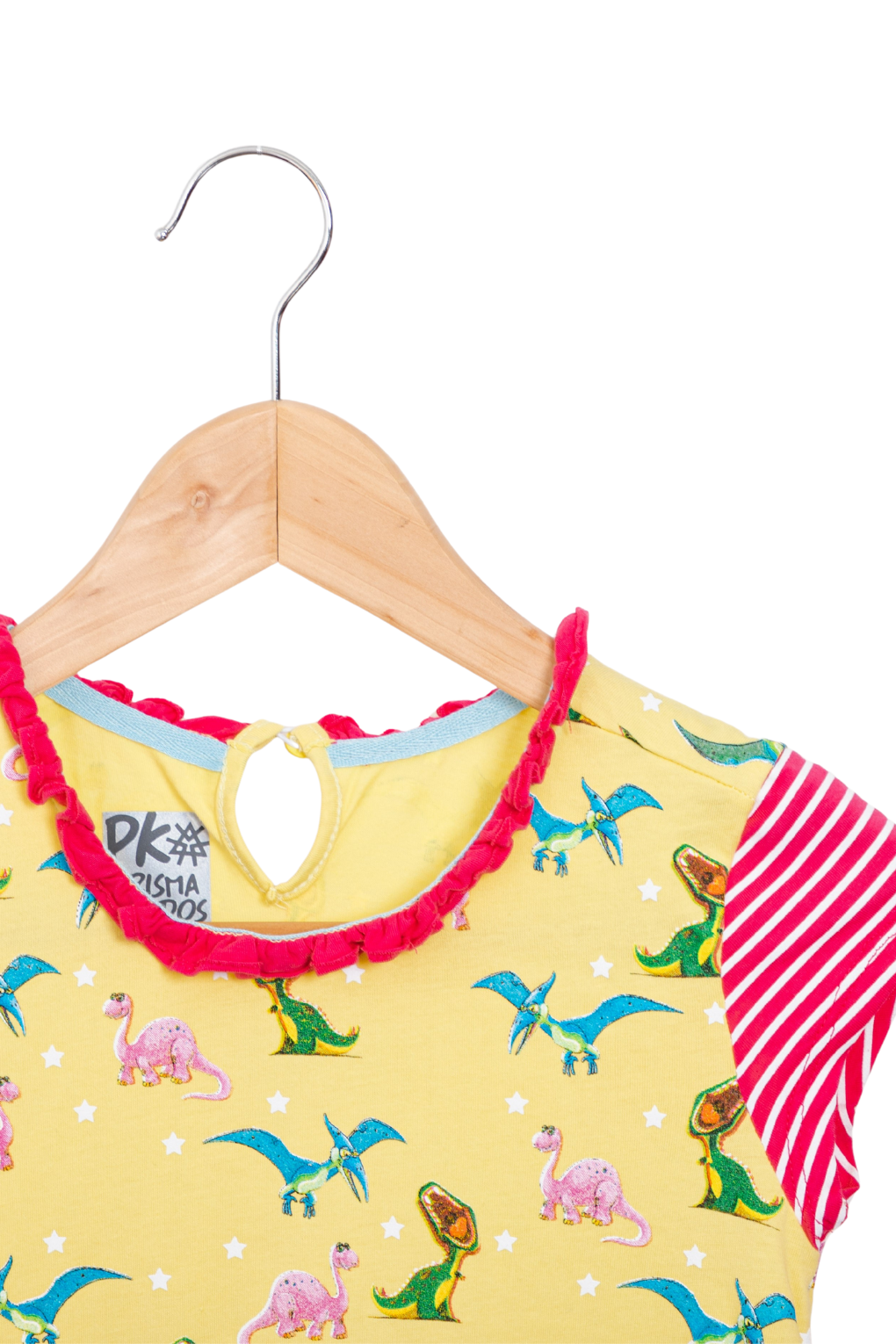 Bright yellow short-sleeve dress for girls featuring a vibrant colorful dinosaur print, a fine ruffled neckline, and horizontal striped front pockets.