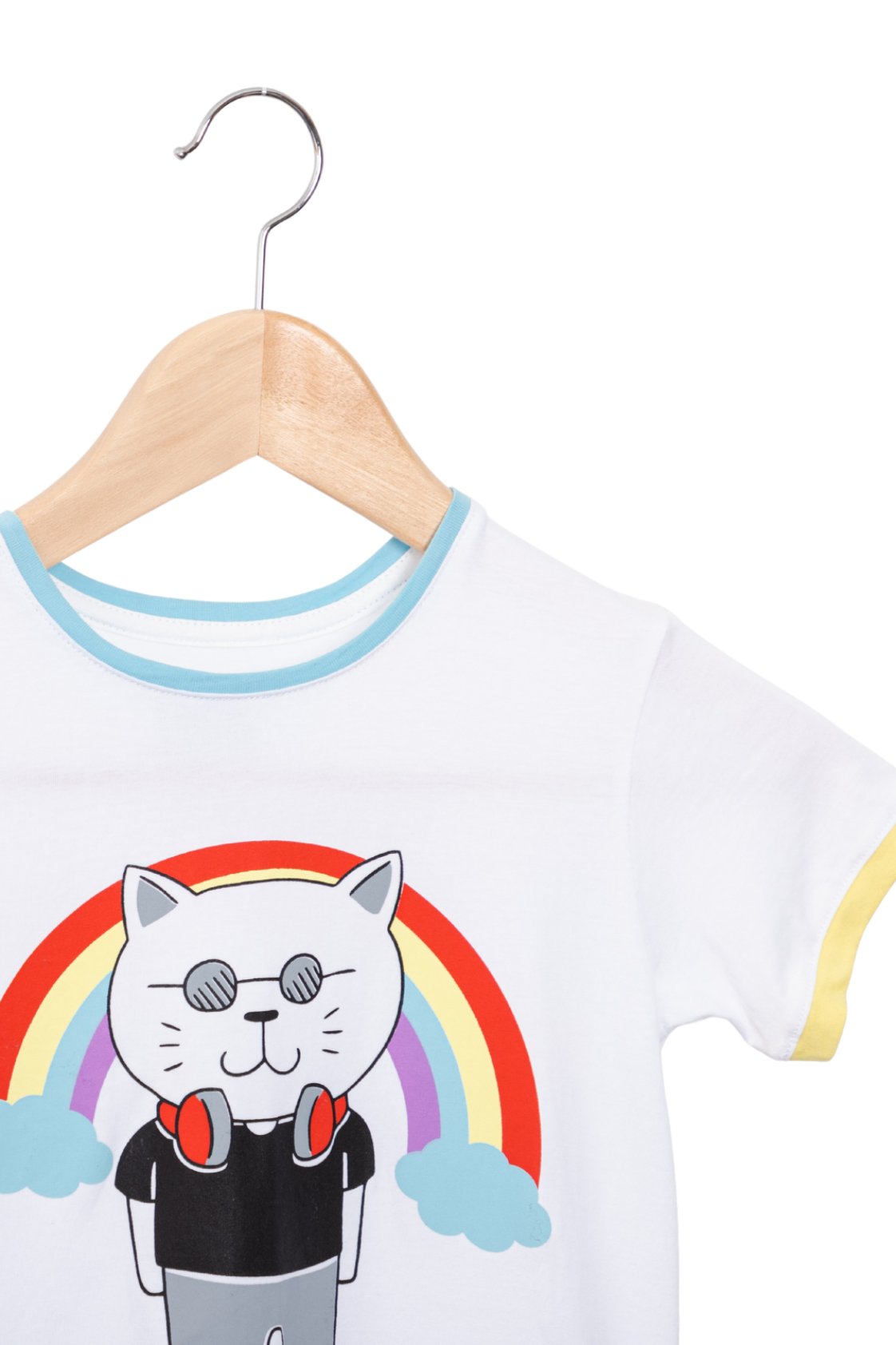 Tshirt rainbow cat featuring a cat listening to music with vibrant rainbow, a beautiful effect from nature