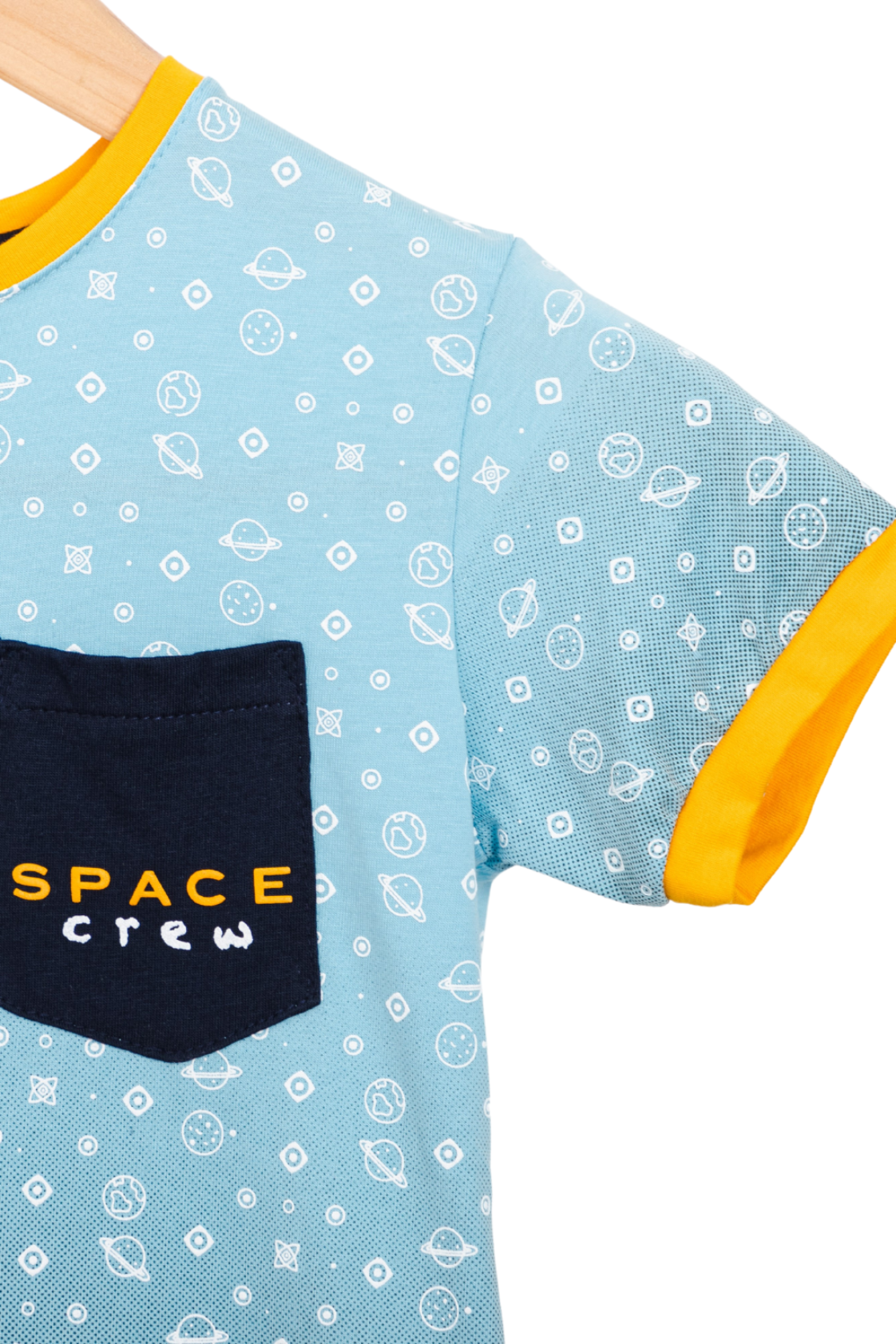 Space Crew Member T-Shirt features a space-themed design with planets and asteroids