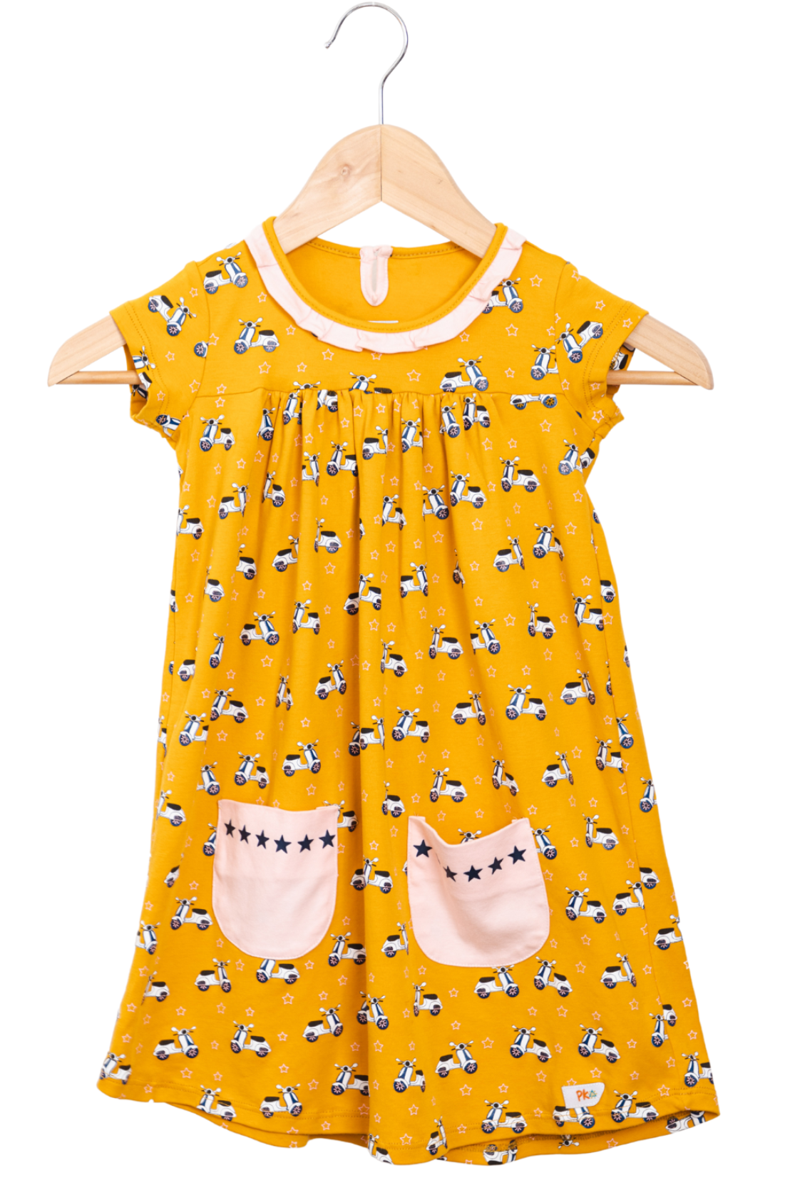 Vespa Yellow Dress by Prisma Kiddos. Front pockets lined with stars.